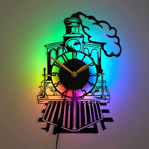 Train Clock with Led Lights, Gift for Adults and Kids, Railroad Memorabilia for Men, Train Station Style Wall Decor