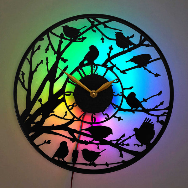 Bird Clock with Led Light, Kitchen Wall Decor, Gift Idea, Nature Themed Clock, Birds Lovers Gift