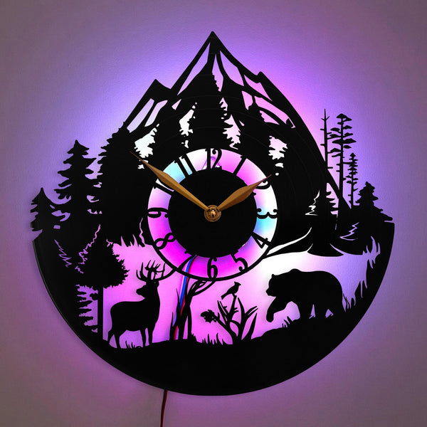 Mountains Clock, Wild Life Clock, Bear and Deer Decor, Nature Decor, Forest Scene Clock, Outdoorsman Gift, Nature Lover Gift, National Park