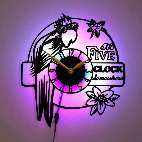 5 Oclock Somewhere Clock, Parrot Wall Clock, Beach Theme Clock, Flower and Parrot Design Clock, Exotic Tropical Design Clock, Summer Decor, Parrot
