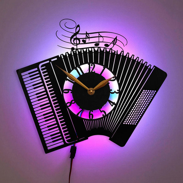 Accordion Wall Clock, Musical Instrument LED Clock, Music Notes Decor Clock